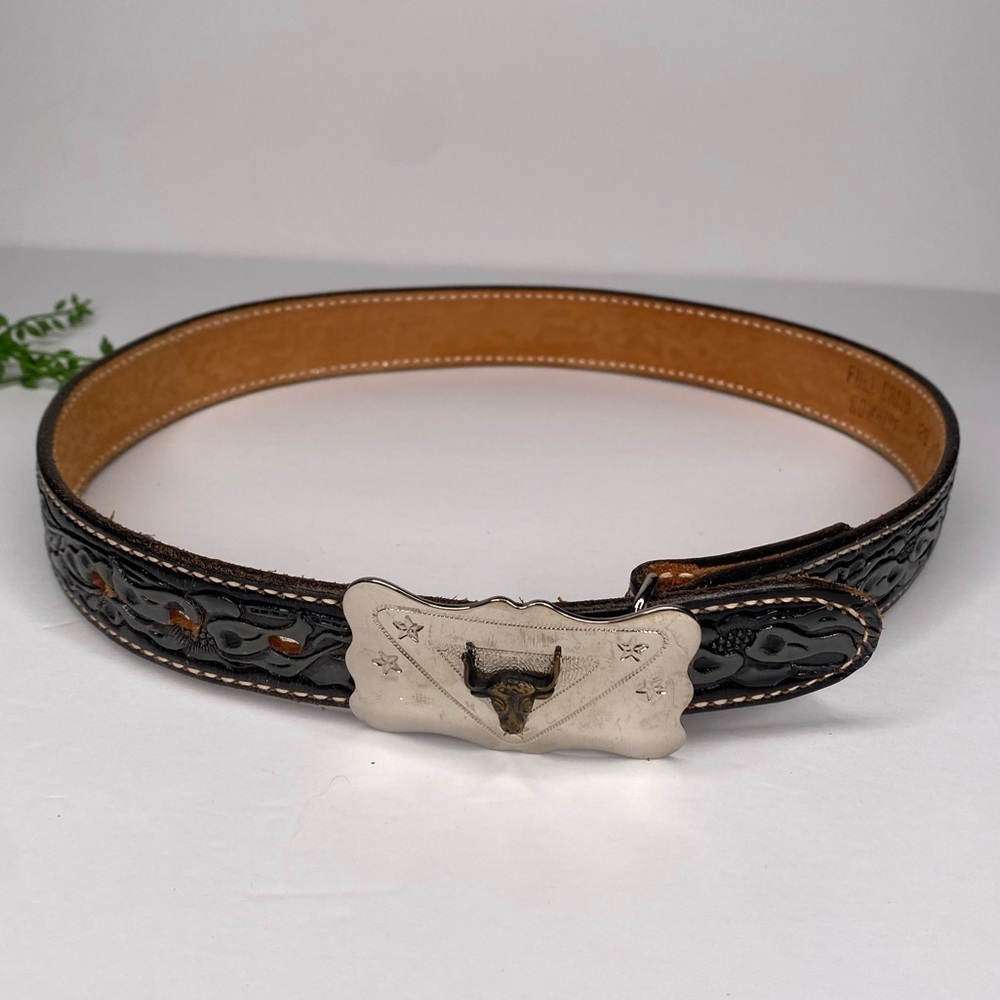 DunDee Full Grain Cowhide Embossed Leather Belt Black With Silver Buckle Size 28